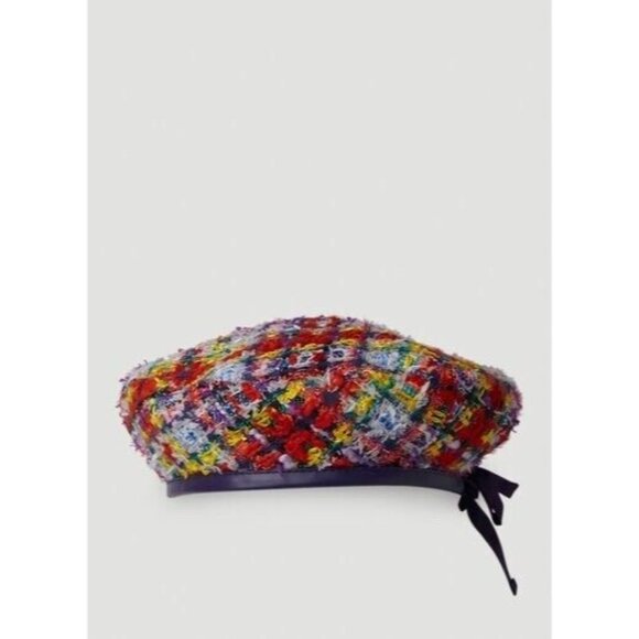 NWT GUCCI LAME BERET CAP Check Lame Sz L Multicolour Violet Tweed - Picture 4 of 14